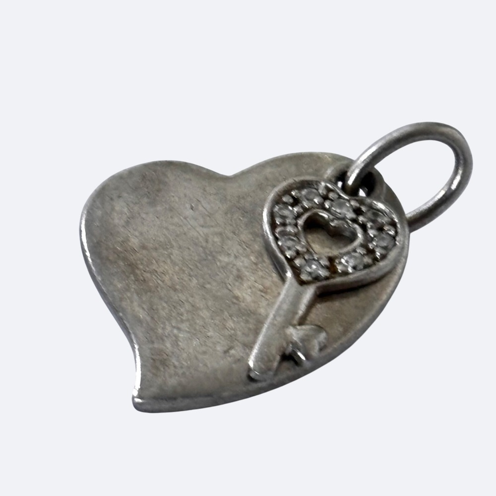 Heart Key Sterling Silver Pendant Charm Rhinestone Detail 925 Romantic 0.75"‎